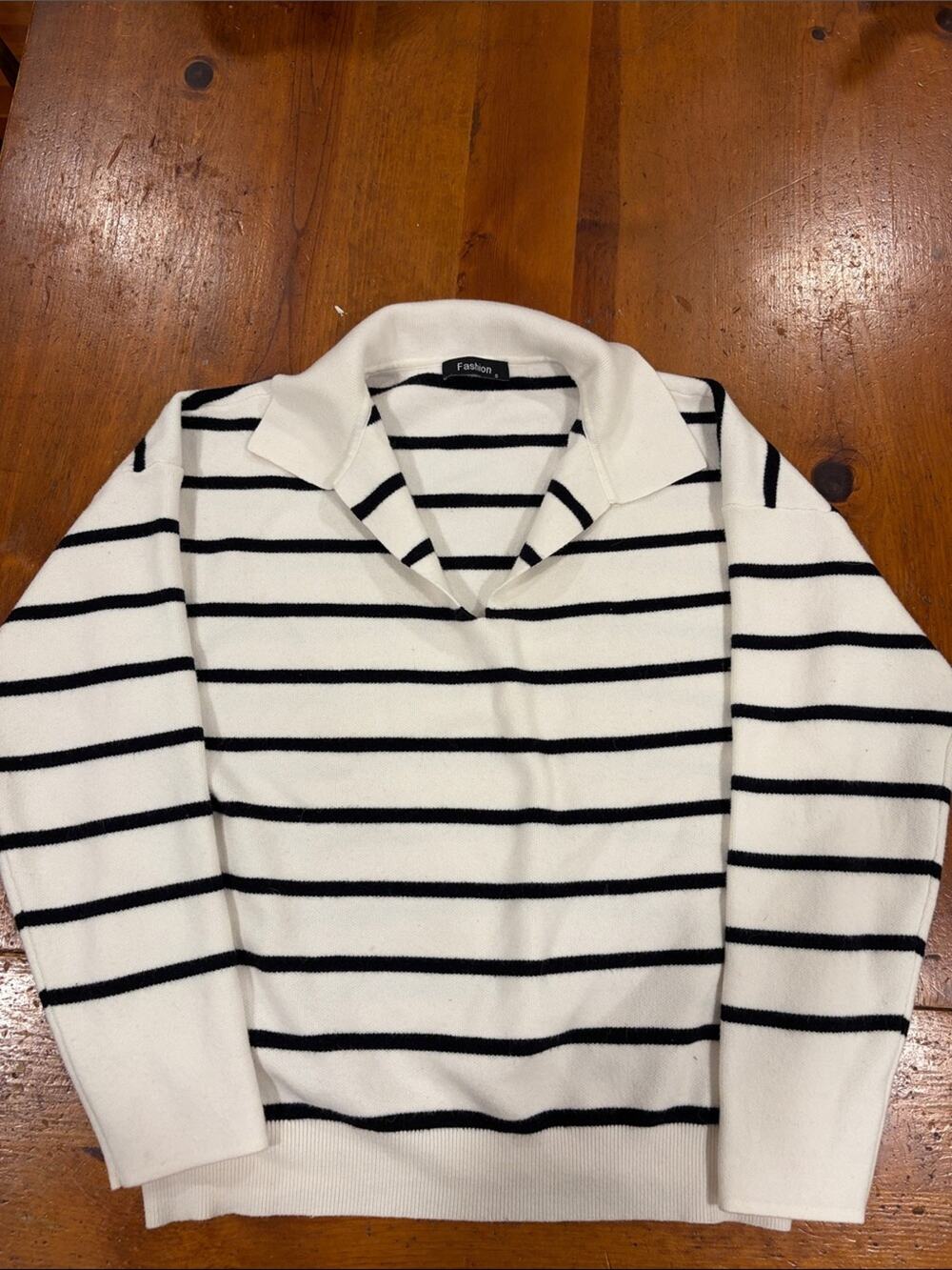 Cream V-Neck Collared Sweater with Black Stripes